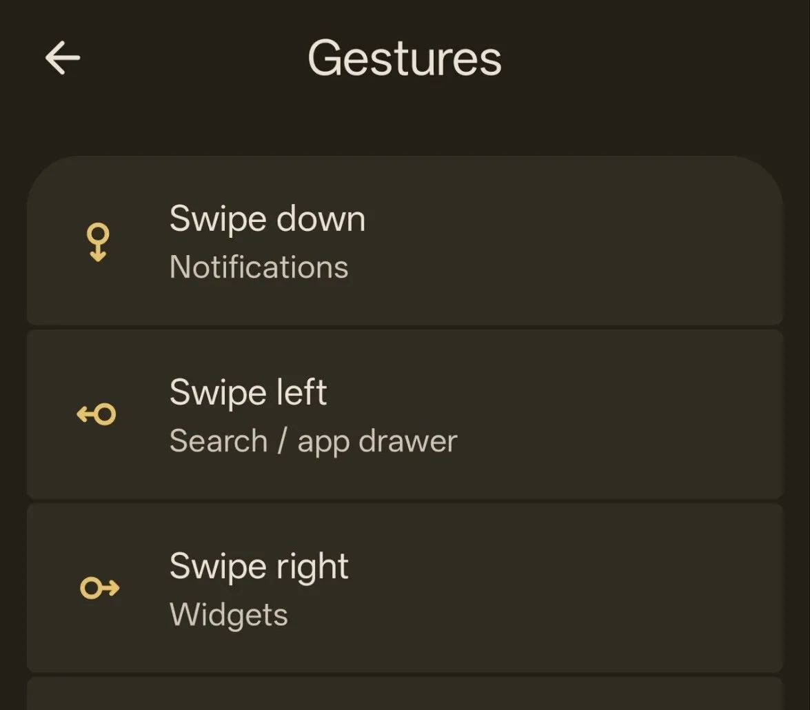 Kvaesitso gesture settings mapping swipes to notifications, the app drawer and widgets